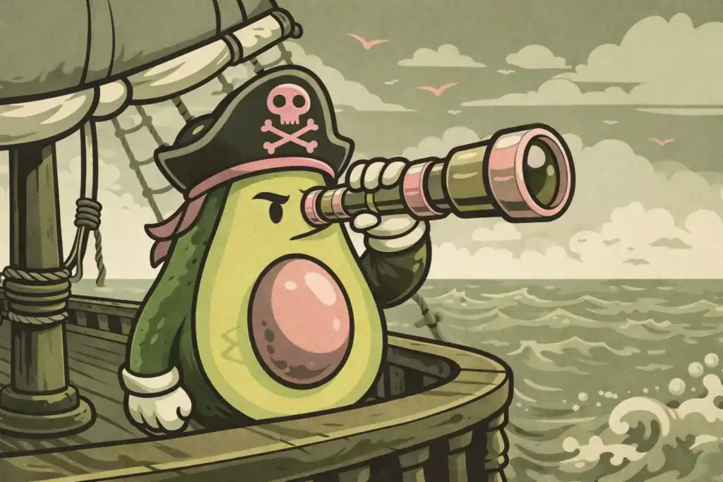 Avocado captain on a ship with a monocular, symbolizing a website launch and a marketing journey toward the right clients.